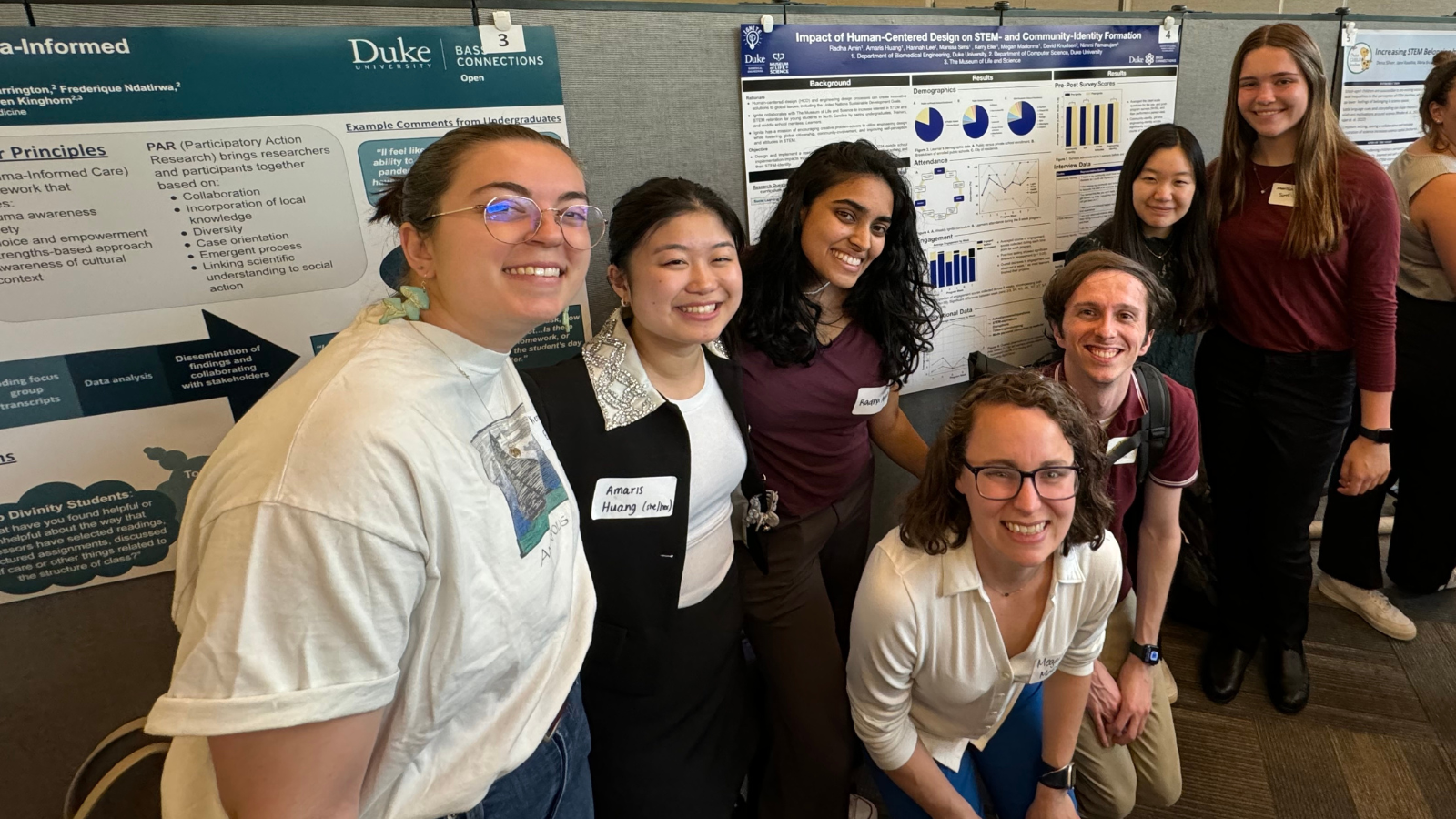 Team members at the Fortin Foundation Bass Connection Showcase in April 2024; L to R: Kerry Eller, Amaris Huang, Radha Amin, Megan Madonna, David Knudsen, Hannah Lee, Marissa Sims.