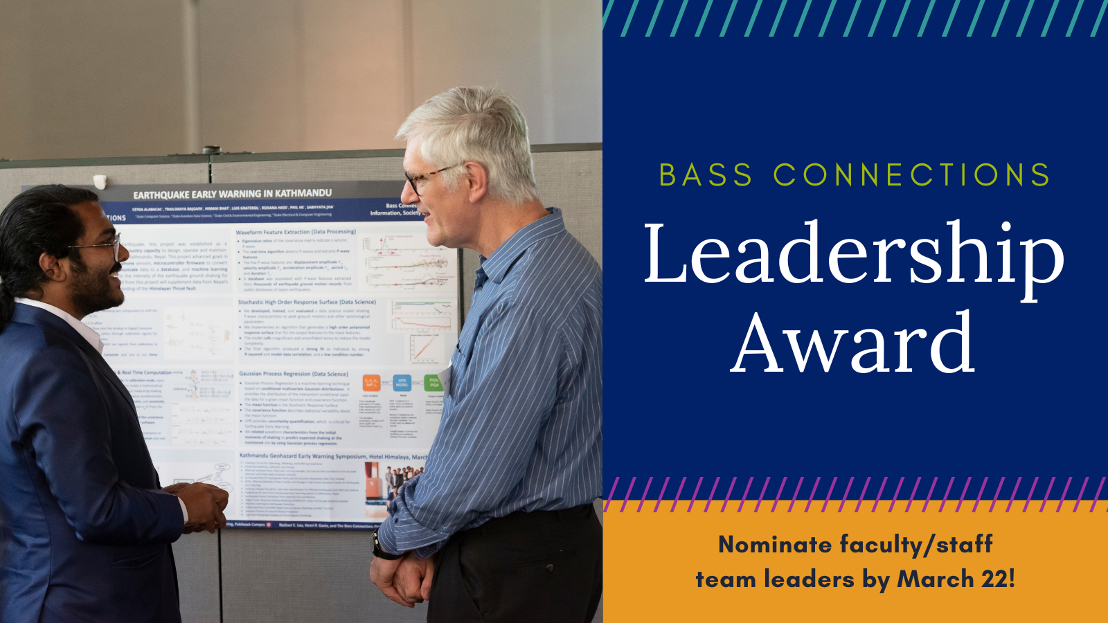 Image: Student and faculty member talking. &quot;Bass Connections Leadership Award, Nominate faculty/staff team leaders by March 22!&quot;