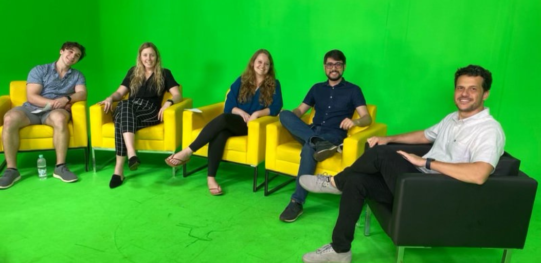 Brendan Kelleher, Paige O’Leary and Mia Buono talk about AUBPT collaboration at the Brazil local news outlet at Unicesumar.