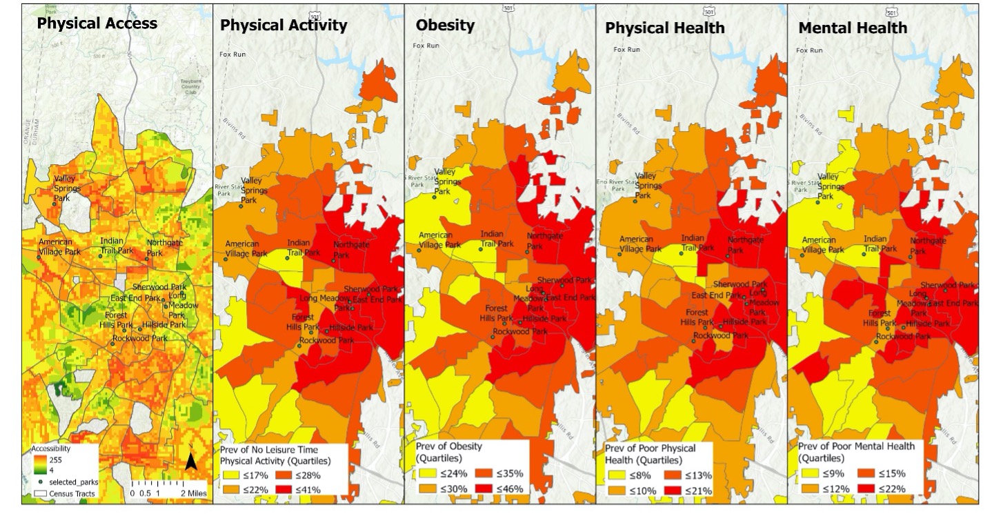 Team members used weighted-overlay techniques to combine spatial layers containing data on park access variables (defined by proximity to park, surrounding walkability, proximity to high-speed roads, and crime) into a single “accessibility index” (above).