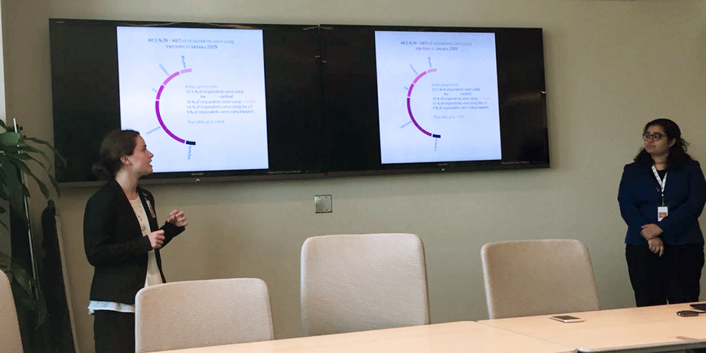 •	Undergraduates Celia Mizelle and Saumya Sao explain how the team uses a color gradient to indicate contraceptive effectiveness. They walk the audience through a tutorial of the chord diagram visualization tool.