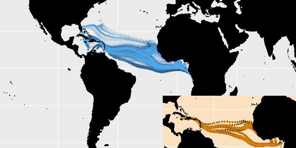 Prediction of 2,164 trans-Atlantic voyage paths that ended in the northern hemisphere based on the LSTM model; inset map:  prediction of 36 trans-Atlantic voyage paths based on the LSTM model, all of which have reasonably smooth lines. [From the Data+ team’s executive summary]