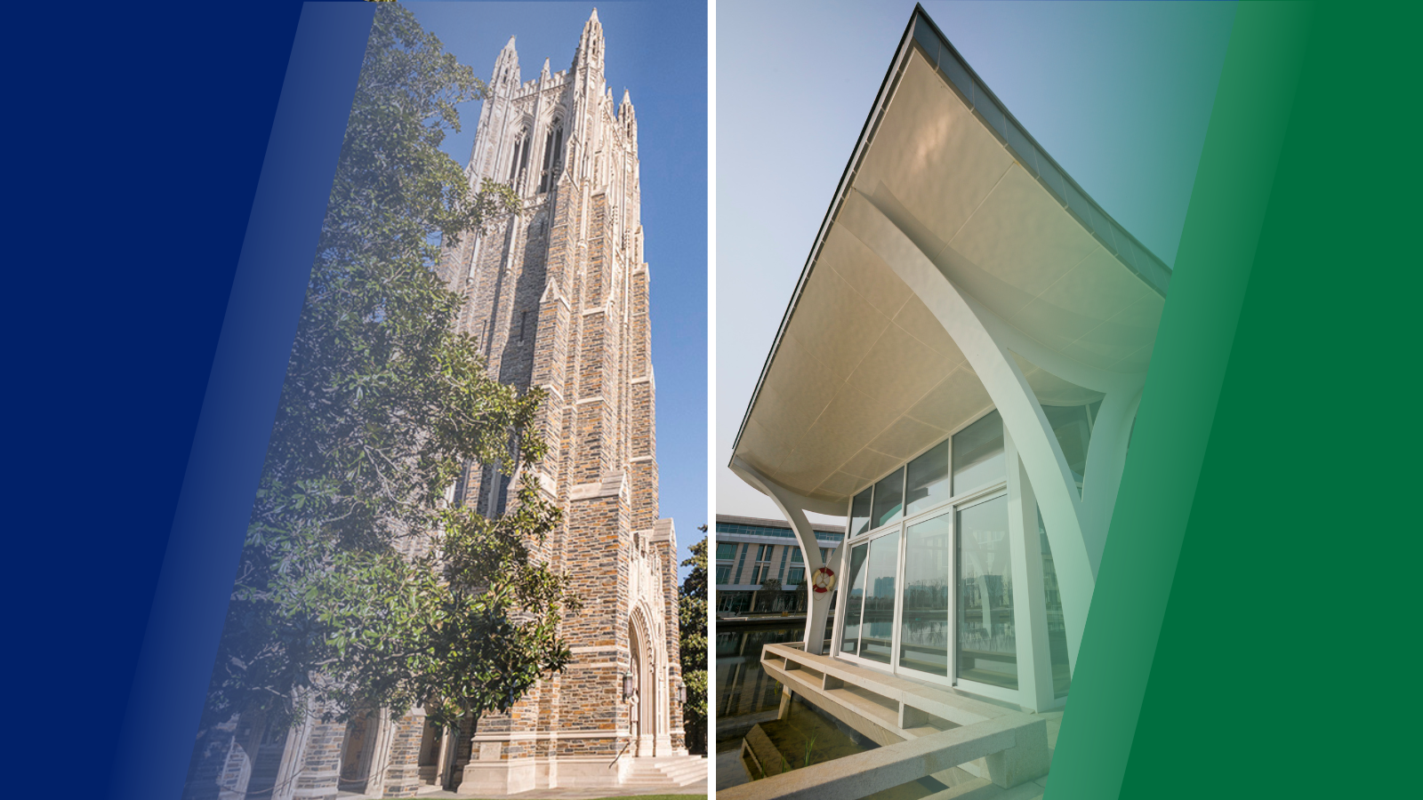 Exterior view of Duke University chapel next to an exterior view of a building on Duke Kunshan University's campus.