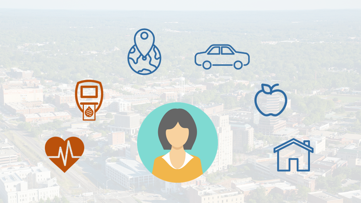 Graphic showing a female figure with icons depicting health, housing, transportation, food security and other social determinants of health.