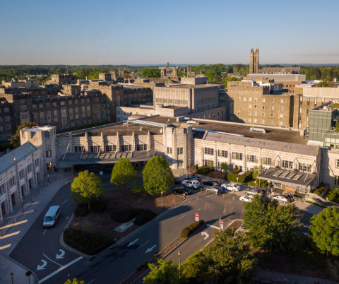 Sunrise at Duke Medicine Pavillion Circle, including the cancer center, Trent learning center, and south clinic.