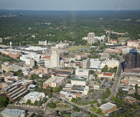 Aerial view of downtown Durham.