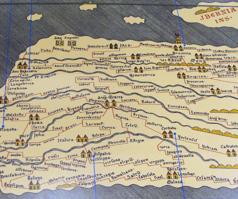 Section of old map showing medieval trade routes around Portugal.