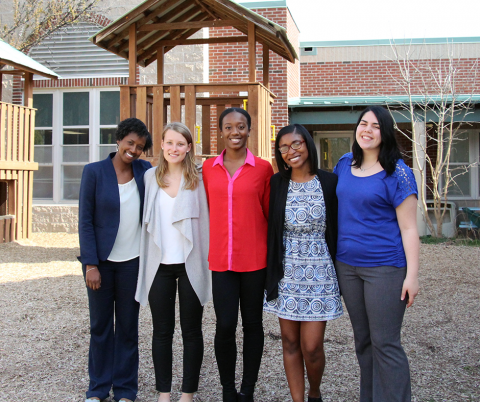 Photo: Kamilah Legette, Celia Garrett, Victoria Prince, Nia Moore and Jennifer Acosta outside McDougle Middle School in Carrboro