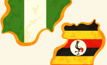 Graphic of stylized flags of Nigeria and Uganda inside the outlines of their respective countries.