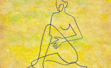 Outline sketch of a female body over a yellow mottled background.