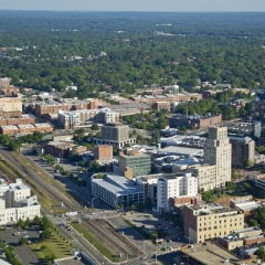 Aerial view of downtown Durham and American Tobacco campus, with Duke Clinical Research Institute at right.