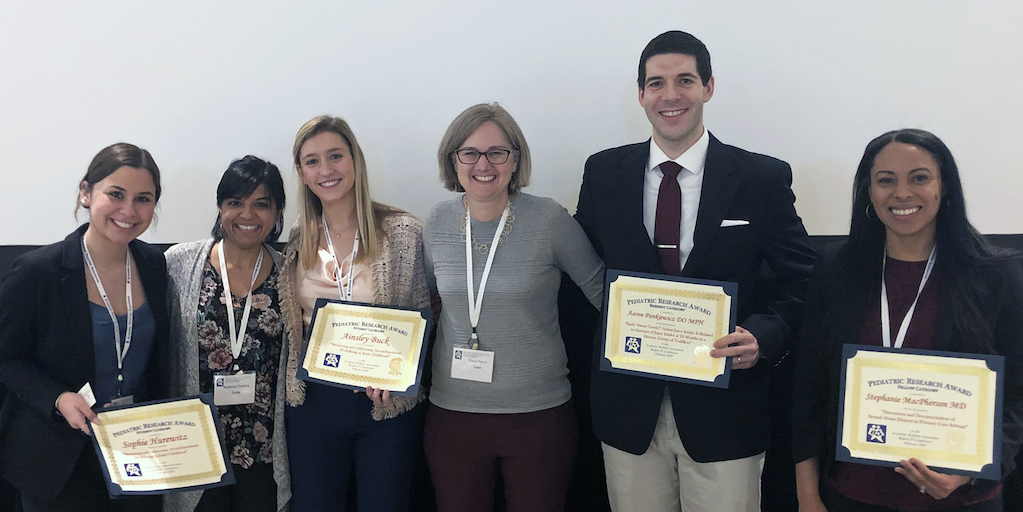 Sophie Hurewitz, Rushina Cholera, Ainsley Buck, Eliana Perrin, Aaron Pankiewicz and Stephanie MacPherson at the Academic Pediatric Association Region IV Annual Meeting in February 2020. Undergraduate team members Hurewitz and Buck received the student abstract award for “Measuring and Addressing Social-Emotional Well-Being in Early Childhood."