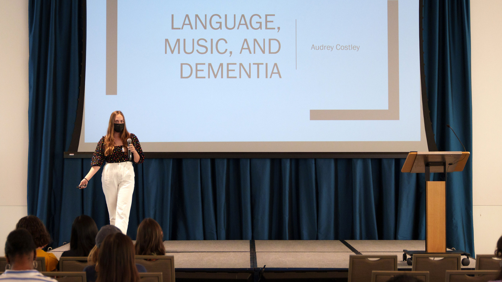 Audrey Costley representing the Language, Music and Dementia project team at the 2022 Fortin Foundation Bass Connections Showcase. (Photo: John West).