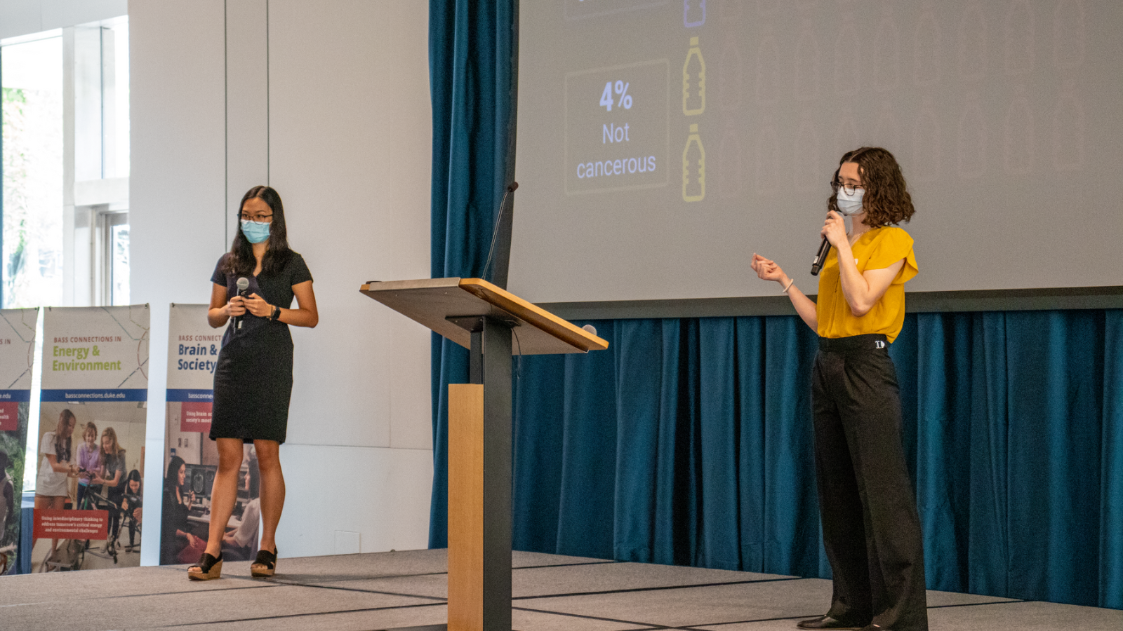 Gunady and Bea Schleupner represent the Bioremediation of Plastic Pollution to Conserve Marine Biodiversity team at the 2022 Fortin Foundation Bass Connections Showcase. (Photo: Milena Ozernova).