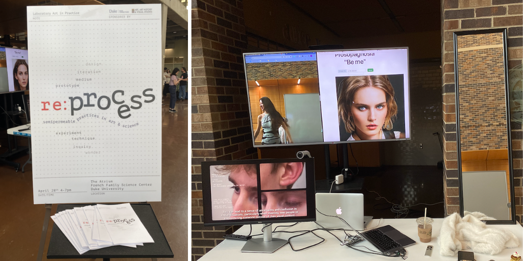 Exhibit poster and table in the French Family Science Center in April 2023