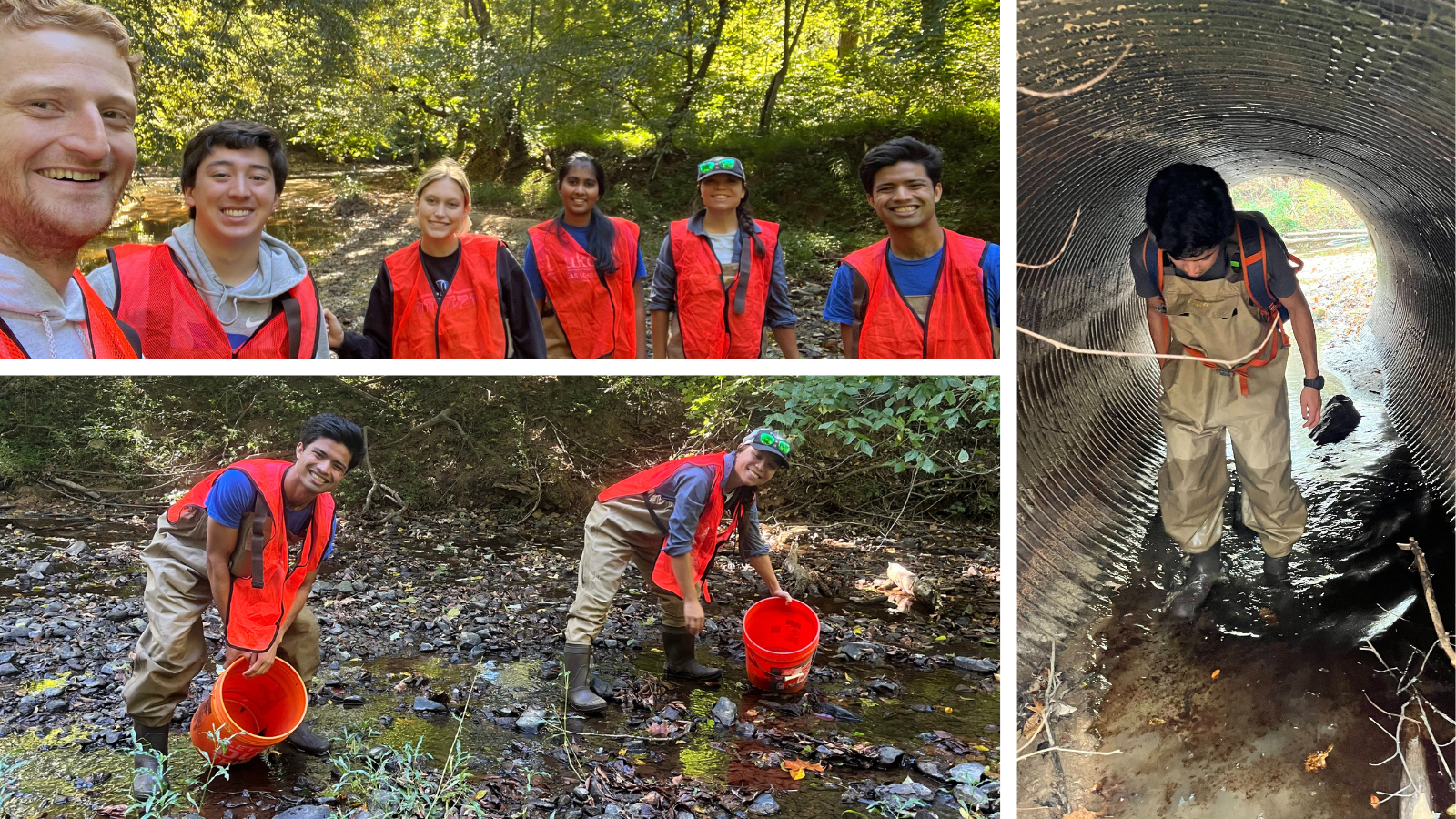 Castelino and teammates conducting fieldwork in Ellerbe Creek. (Photos: Courtesy of Rithik Catelino and Johnny Behrens)