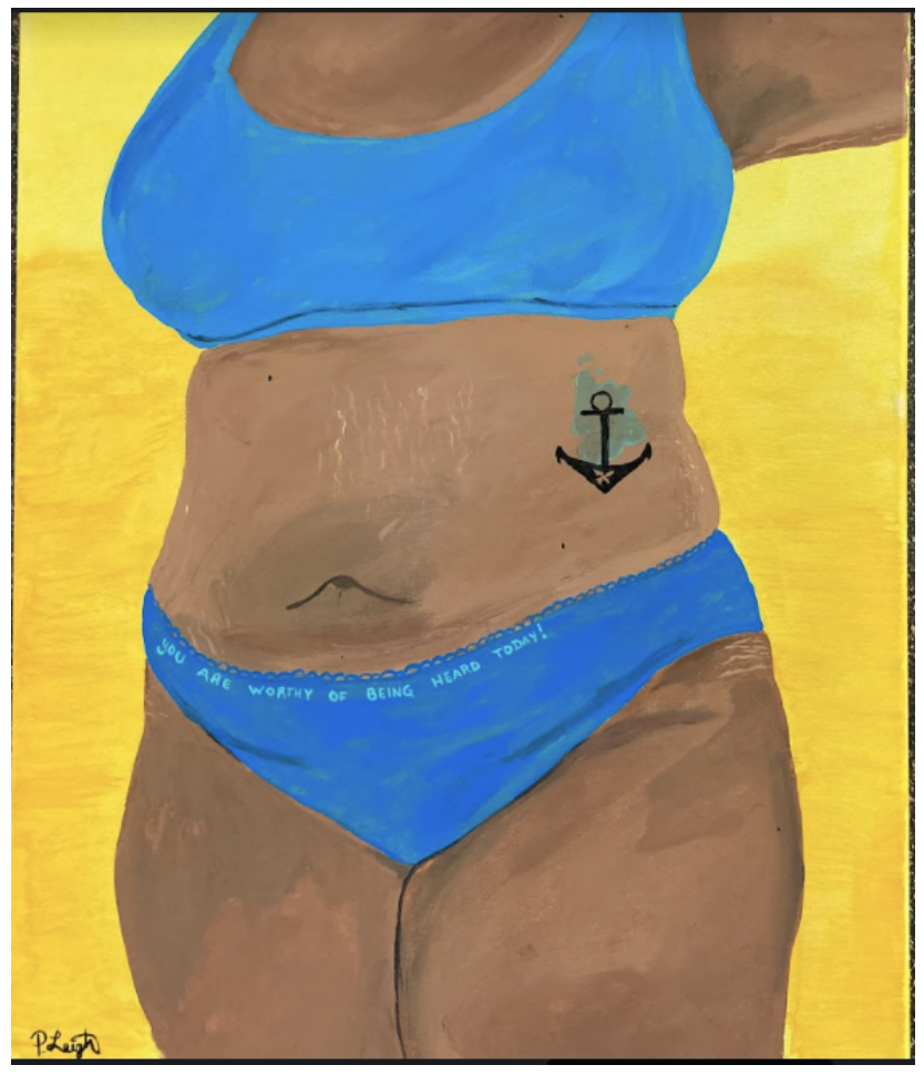 A painting of a black women on the yellow background.