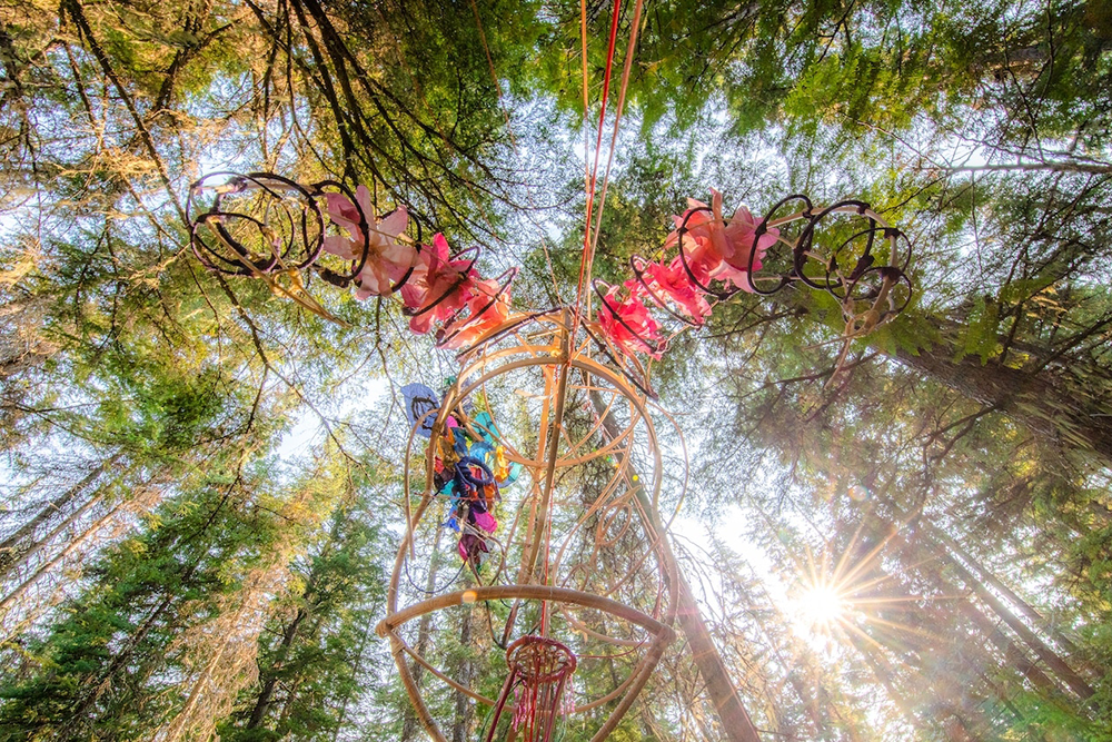 Outdoor scene in a forest, looking up toward the canopy, with a red and yellow art installation appearing to be hanging from the trees.