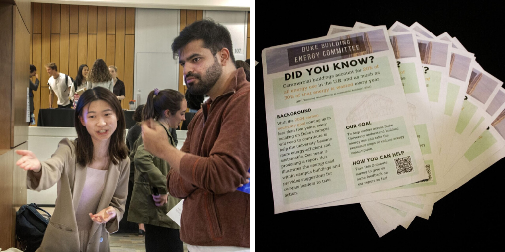 Graduate student, Yuchen Zhu, explaining the team’s poster at Energy Week; One-pagers about the team’s project.