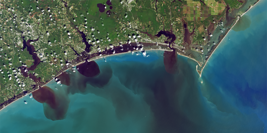 Figure 1. The view of southeastern North Carolina days after the impact of Hurricane Florence in September 2018 from Landsat 8.