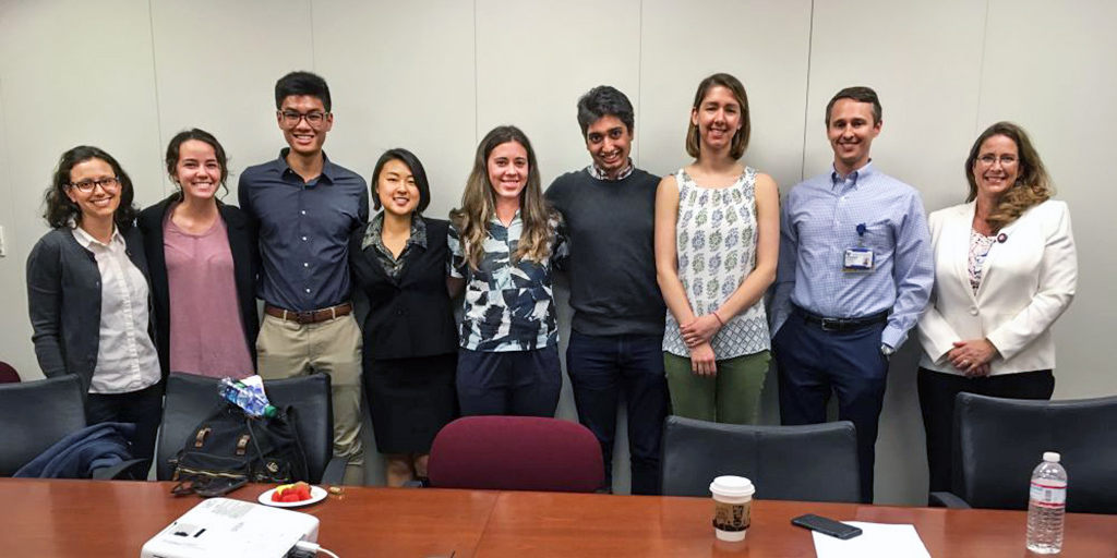 Faculty, students and community partners in EHD 209 Evaluating Healthcare Innovation, Spring 2018: Jessica Sperling, Kayla Carlisle, Jeremy Yi, Helen Yu, Zoe King, Sahil Sandhu, Tom LeBlanc, Kris Herring (Photo: Courtesy of Duke Service-Learning)