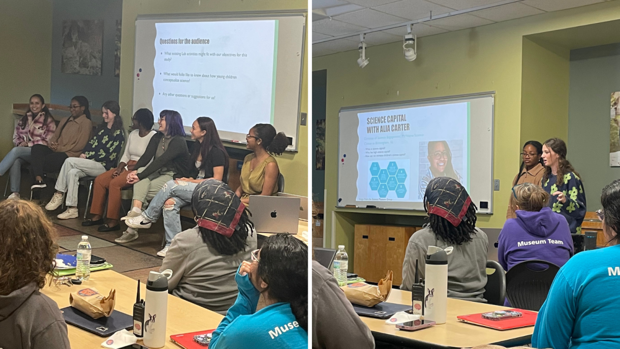 Undergraduate team members lead a presentation on the team’s research methods to Museum of Life and Science’s Education and Engagement team.