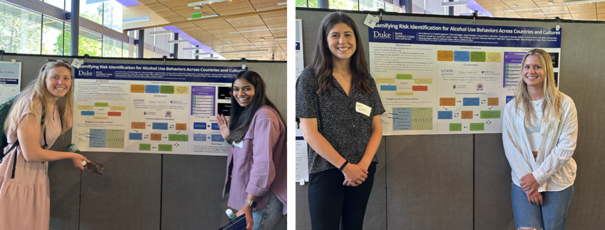 Two images, side by side, of students standing with team poster.