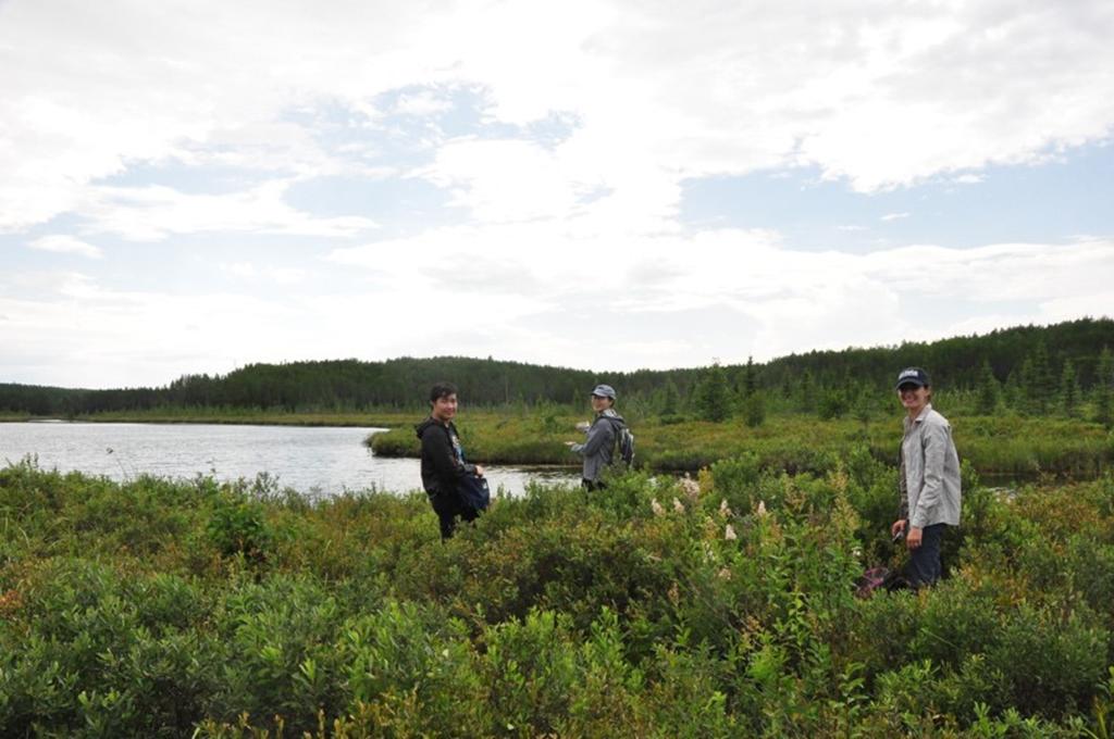 Team members Vincent Wang, Karen Jin, and Kateri Salk visit Lake 979, the site of an experiment to determine the effects of dam building on greenhouse gas production and mercury mobilization.