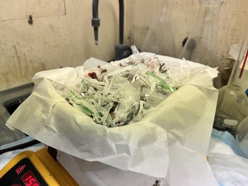 Shredded plastic being melted.