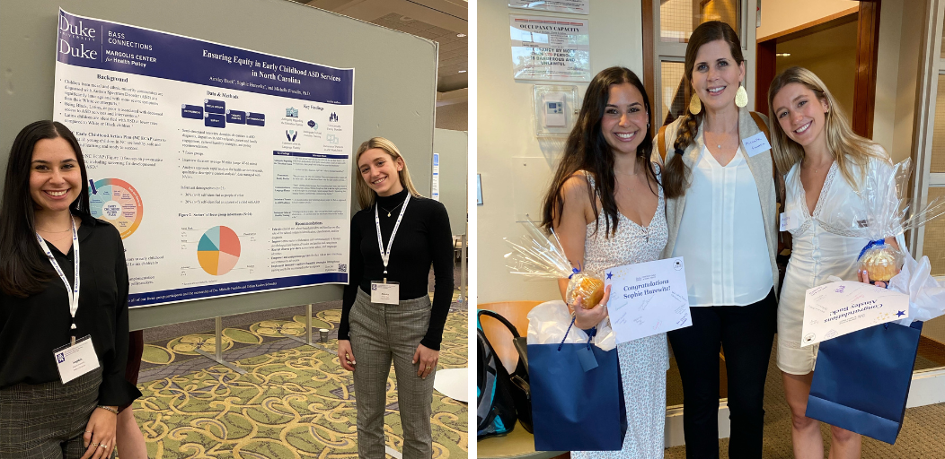 Left: Sophie Hurewitz (left) and Ainsley Buck (right) at the American Pediatric Association Region IV Annual Meeting in February 2022; Right: Hurewitz and Buck with Michelle Scotton Franklin (center) at their Child Policy Research Certificate graduation ceremony